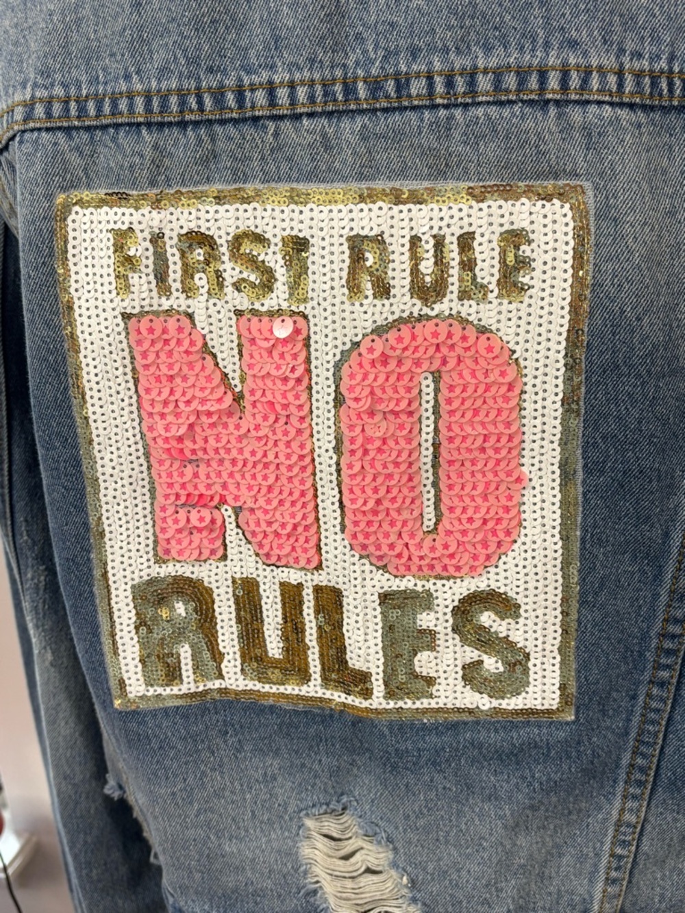 Mary Marshmallow Jean Jacket Large First Rule No Rules Sequin Patch Distressed - Picture 6 of 8